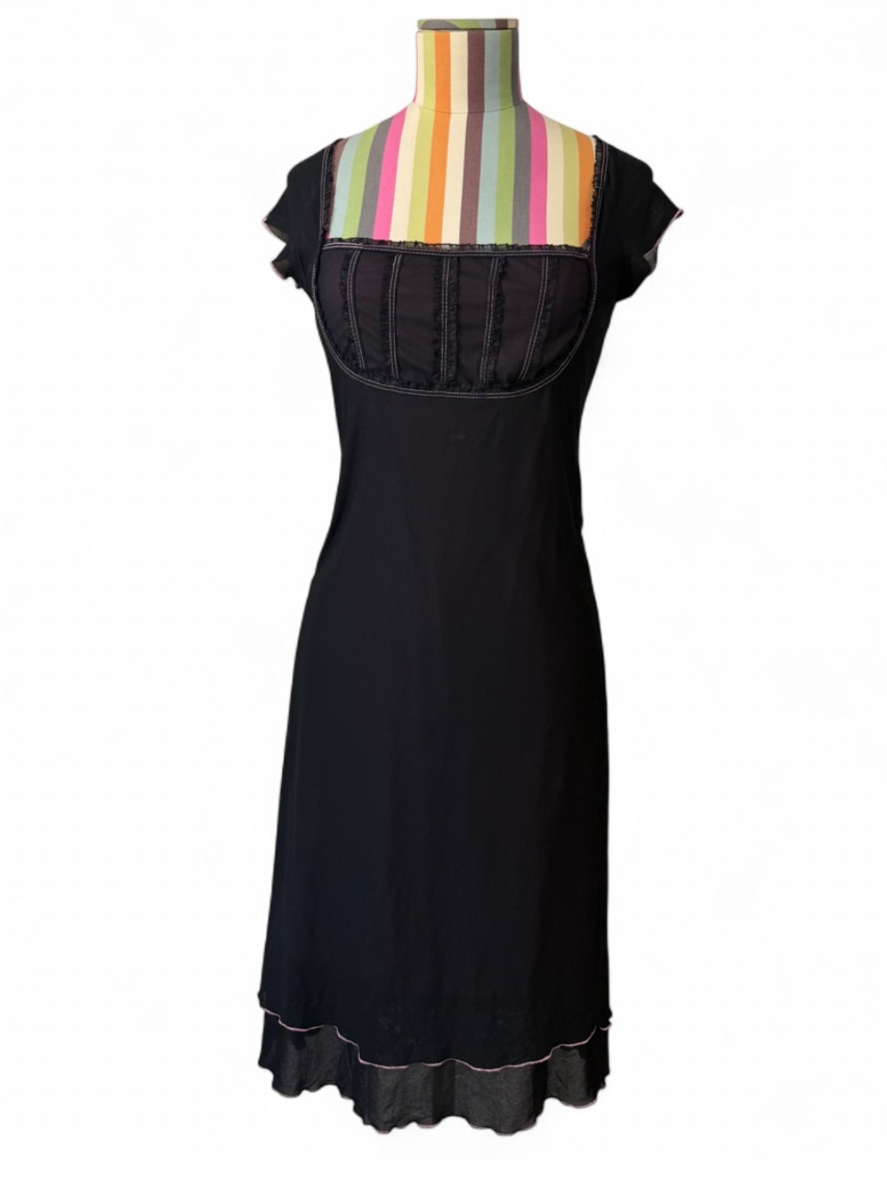 Vintage La Belle Micro Mesh Milkmaid Style Midi Dress Black & Pink Ruffle